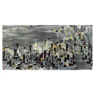 吴冠中 夜香港 新中式现代挂画水彩城市建筑装饰画客厅卧室配画