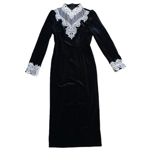 新中式黑色丝绒蕾丝透视V领长袖旗袍修身显瘦后开叉高级感气质裙