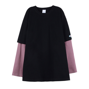 2026新款假两件长袖T恤女ins超火拼接宽松学生原宿外穿百搭上衣潮