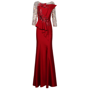 创意狐敬酒服红色礼服答谢晚宴礼裙宴会主持人演出服长款连衣裙女