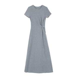 pusumede 淡人穿搭 设计感扭结短袖连衣裙女夏季气质收腰针织长裙