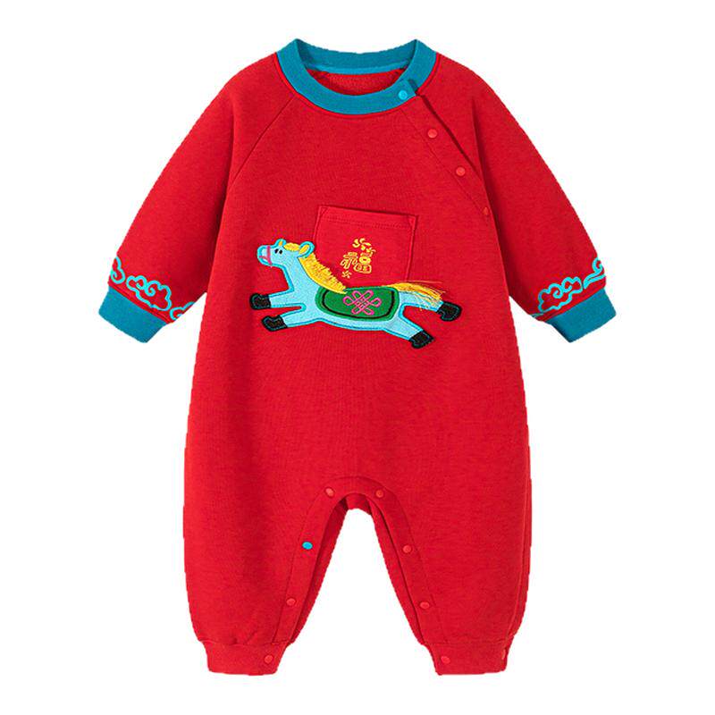 迷你巴拉巴拉婴儿衣服男女宝宝加绒新年红色连体衣爬服百日周岁礼