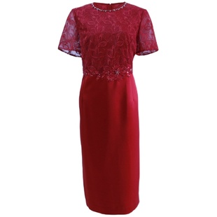 商场同款皮尔卡丹女装连衣裙夏季新款短袖蕾丝拼接红色包臀裙