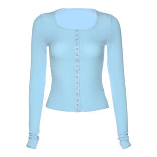 高弹法式长袖按扣开衫薄款女纯色针织衫雾霾蓝薄软T恤上衣外搭