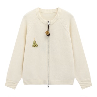 Basic House/百家好双拉链刺绣针织开衫女冬季新款慵懒风宽松毛衣