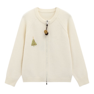 Basic House/百家好双拉链刺绣针织开衫女冬季新款慵懒风宽松毛衣