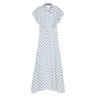 Maje2026早春新款女装法式时尚蓝白花卉图案衬衫式长款短袖连衣裙