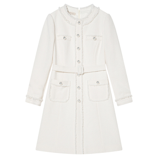 Goodland美地白色法式花纱小香风连衣裙收腰显瘦腰带LC34505140