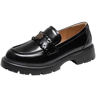 千百度漆皮厚底乐福鞋女秋季新款增高轻便黑色小皮鞋深口单鞋