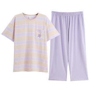 新一步2026年新款睡衣夏天女款可外穿条纹冰凉感家居服套装纯棉薄
