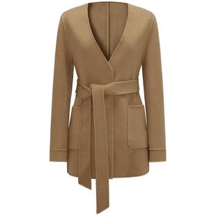 曼德诗短款系带毛呢外套2024冬季新品全羊毛V领双面呢大衣短外套