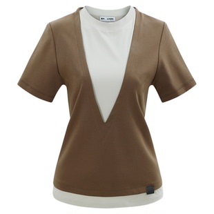 BALIANG「捌樑」径'Path'索罗娜假两件撞色深V圆领修身短袖T恤