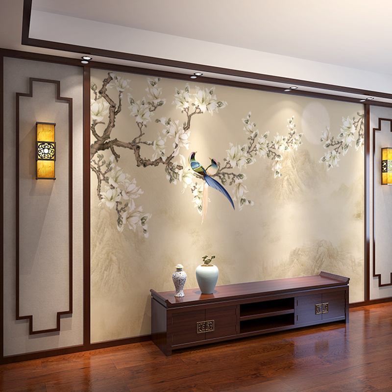 18D新中式电视背景壁纸客厅沙发无缝墙布国画玉兰花鸟墙纸壁画