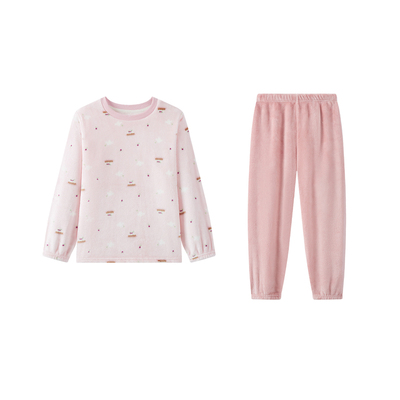 笛莎儿童法兰绒加厚短毛绒家居服套装冬季女童新款圆领套头睡衣