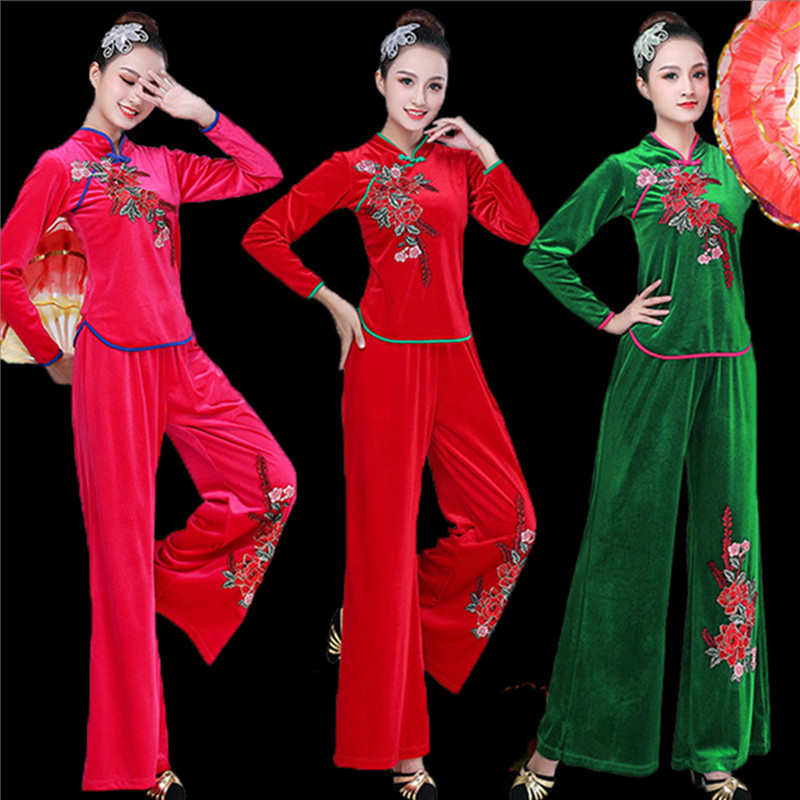 民族舞蹈演出服秋冬新款广场舞服装金丝绒套装古典秧歌服女中老年