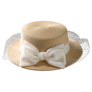 赫本风网纱草帽女款春夏季新款法式优雅白色帽子遮阳帽平顶防晒帽