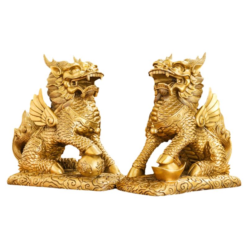 黄铜麒麟摆件一对踩八卦火麒麟摆件家居办公室装饰客厅桌面工艺品