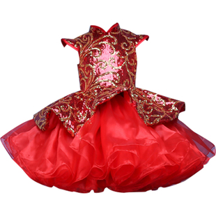 红色表演礼服儿童模特走秀朗诵表演裙女童独唱钢琴幼儿园演出服装