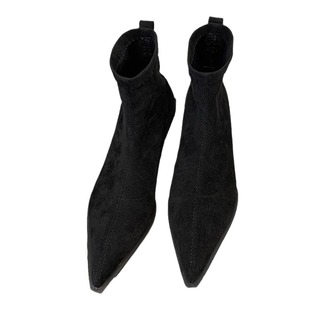 尖头短靴女2025新款秋冬绒面靴子粗跟马丁靴低跟短筒靴弹力瘦瘦靴