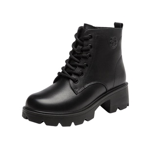 日泰头层牛皮马丁靴女时尚复古冬季中跟女靴加绒保暖增高短筒靴子