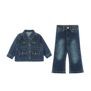 大耳象女童口袋翻领牛仔外套微喇牛仔裤2026春季新款宝儿休闲套装