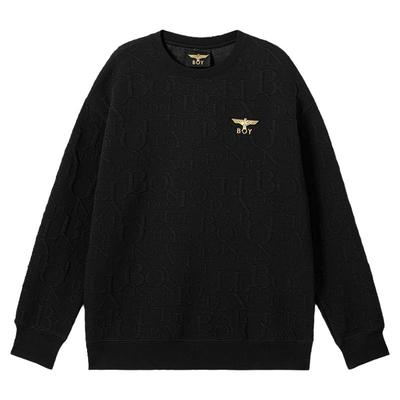 BOY暗纹字母提花黑色圆领卫衣