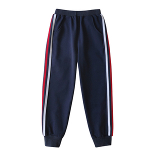 儿童深蓝色校服裤子小学生红白条藏青男童女童运动裤秋冬加绒卫裤