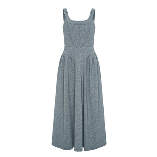 D63女装25春季新品方领抽褶背心吊带裙A字型中长款收腰无袖连衣裙