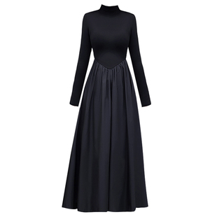 黑色高领连衣裙女秋冬加绒加厚显瘦内搭配大衣裙子赫本风打底长裙