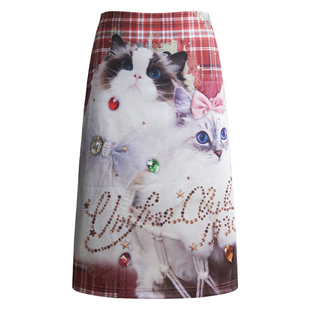 UNIFREEPLUS大码猫咪印花格纹半身裙女25年秋季新款复古长款裙子