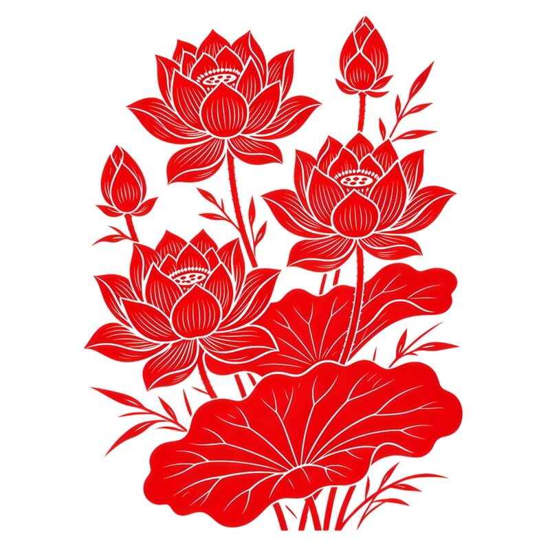 国风莲花玻璃剪纸贴纸红白线条盛开荷花搭配莲叶花苞吉祥装饰贴画