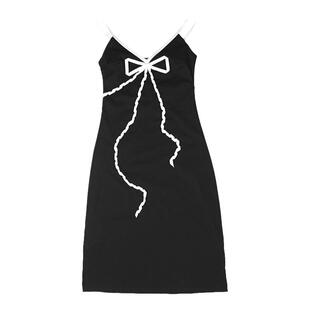 QUORRA S CHORD原创设计蝴蝶结飘带V领黑色吊带连衣裙透气柔软