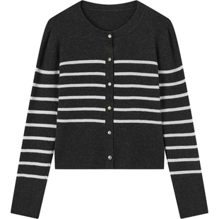 【100%绵羊毛】爱居兔针织衫开衫女春秋新款黑白条纹外套上衣