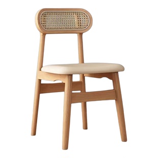 实木餐椅家用藤编椅子高级靠背带软包法式餐椅藤椅餐桌椅饭店民宿