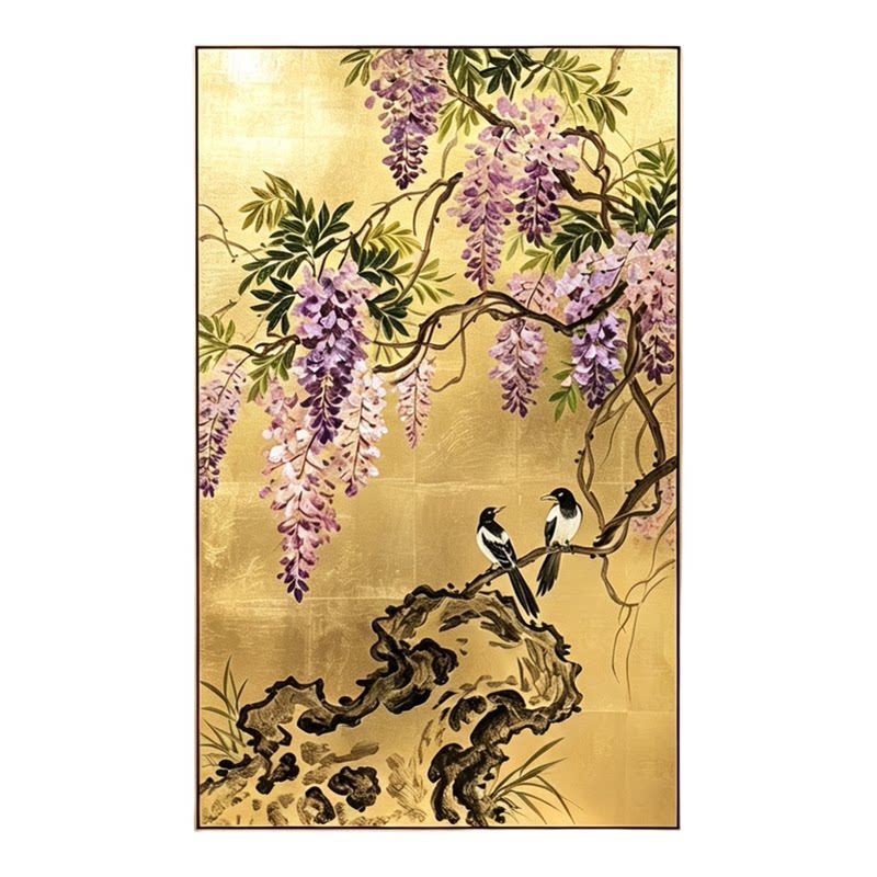 手绘紫藤花挂画金箔画中古风玄关装饰画宋式美学手绘油画挂画