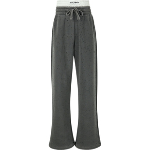 【折扣】HALFBOY女士仿旧刺绣丝缎边饰棉质平纹布运动裤