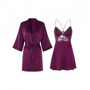 法国轻奢真丝睡衣高级性感深V领低胸蕾丝吊带睡裙睡袍家居服套装