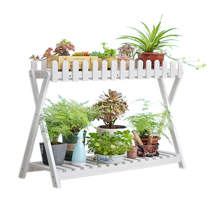 3Q生活馆白色带栅栏实木花架阳台多层带轮可移动木质落地花盆架子