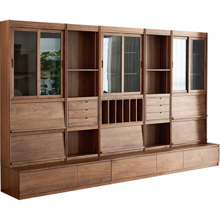 北美黑胡桃木满墙书柜客厅书柜一体整墙实木组合柜定制卡座展示柜