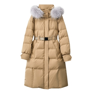 Amii2025冬新款貉子毛领可拆卸帽子配腰带羽绒服女长款外套上衣
