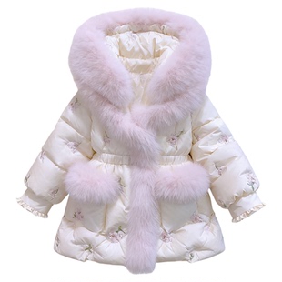 女童羽绒服冬季2025新款洋气时髦公主风中长款大毛领收腰加厚外套