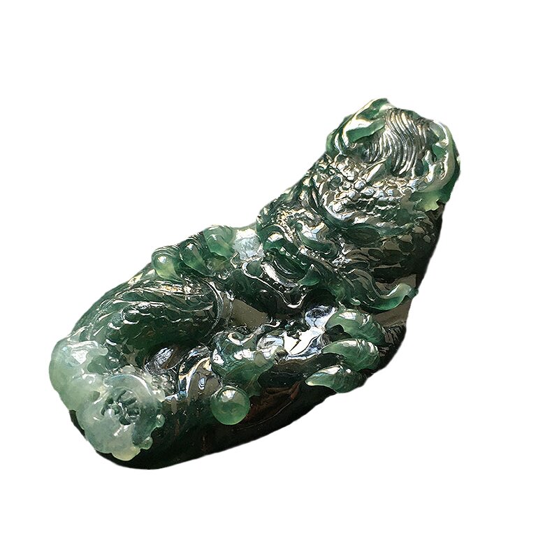 翡翠冰种老蓝水精雕龙牌吊坠