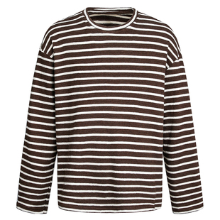 GoodNorth春季复古咖色条纹长袖t恤男女同款中性风宽松慵懒打底衫