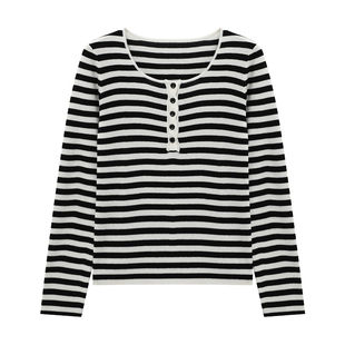 Basic House/百家好经典黑白条纹针织衫春秋圆领半开襟设计上衣