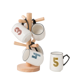 北欧水杯套装数字杯子家用办公室陶瓷热水杯咖啡杯木架不锈钢杯架