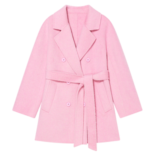 Goodland美地女装冬季粉色腰带羊毛羊驼毛大衣外套中款LC34580130