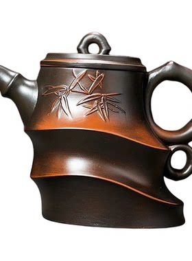 紫陶凤鸣斜竹手工大容量茶壶