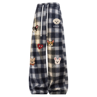 查尔斯桃心冬季加绒加厚裤子男潮牌新款小狗印花直筒垂感休闲长裤