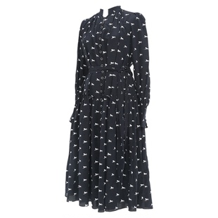 Anlom/娅奴连衣裙夏季白马图案蓝黑修身优雅中长款复古衬衫领长裙