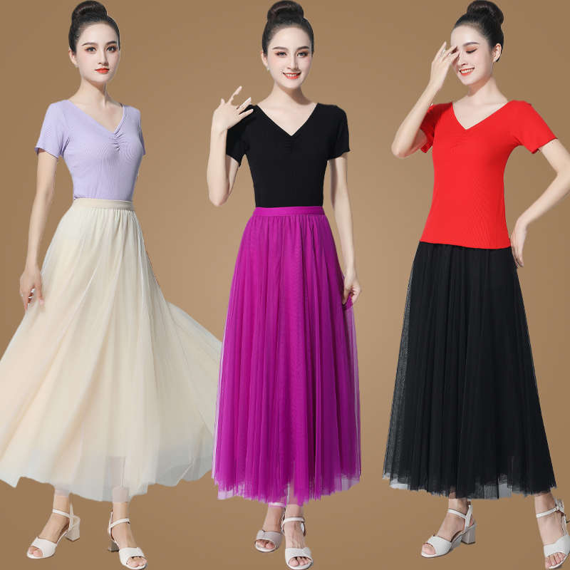 现代舞蹈演出服广场舞服装套装跳舞衣服大摆长纱裙子春夏季新款女